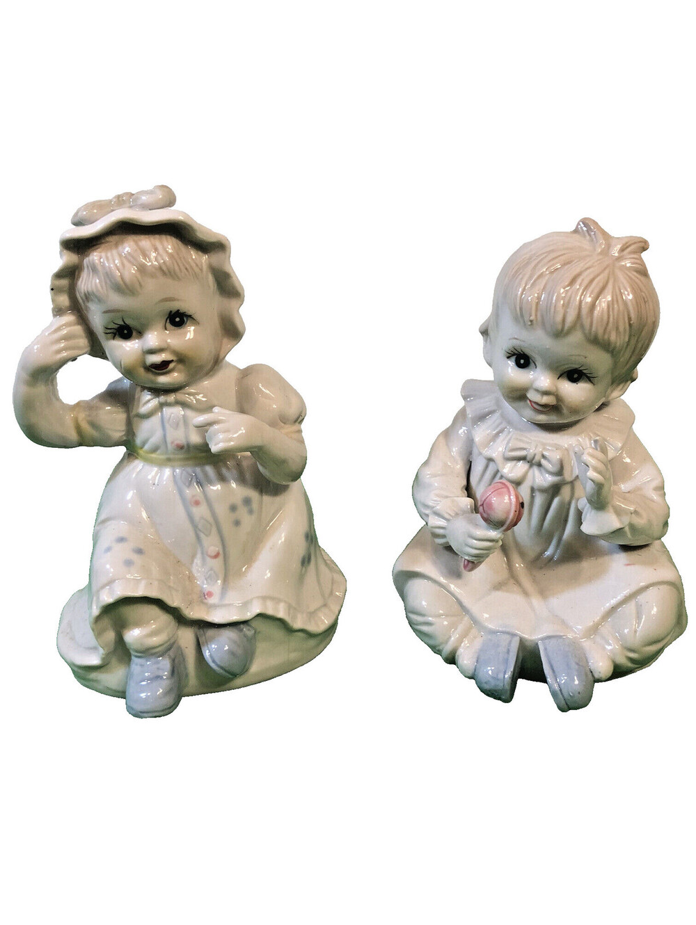 Vtg Artmark Porcelain Sitting Little Girl And Boy Nursery Decor Bright Eyes! MCM